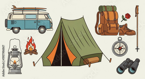Camping gear and vintage van illustration.