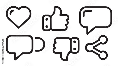 Social media interaction icons set including heart like thumbs up down comment and share symbols