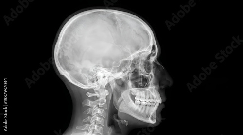 Lateral view X-ray of human skull showing cranium and cervical spine anatomy in grayscale