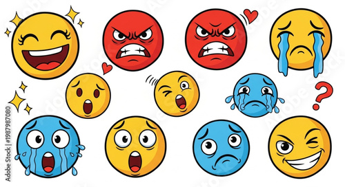 Collection of cartoon emoji faces expressing various emotions like happiness anger sadness and surprise.