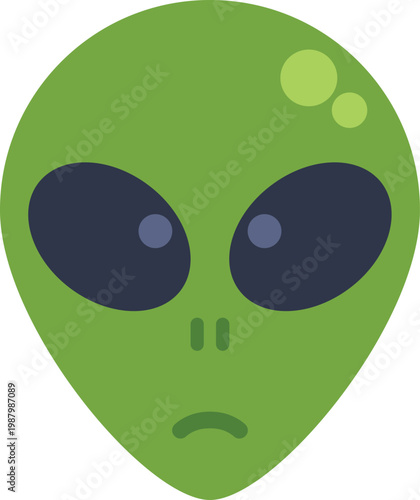 Green alien head with large black eyes and small mouth