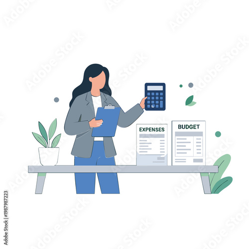 A woman calculates expenses with a calculator and clipboard at a desk.