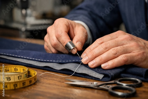 Close up tailor work on blue fabric with thimble and tape measure, perfect for alteration service and bespoke clothing themes.