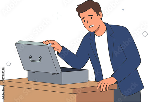 Man opening cash register at wooden desk in office environment