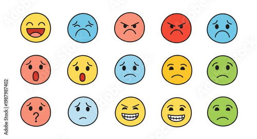 Collection of cartoon faces showing various emotions and expressions.