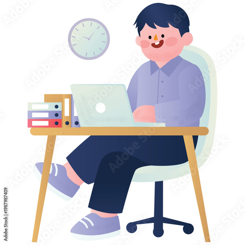 Productivity Work Illustration. Vector illustration of Man working on laptop at desk with books and clock, representing focused office productivity and routine work. Isolated on background