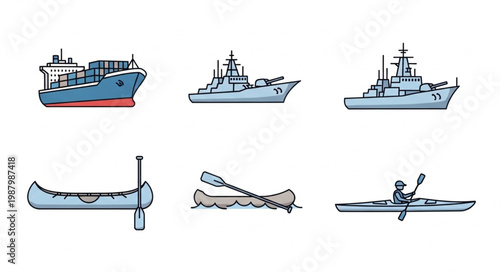 Collection of various watercraft vessels and boats.