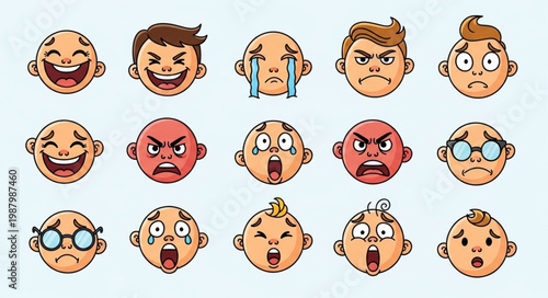 Collection of cartoon faces showing various emotions and expressions.