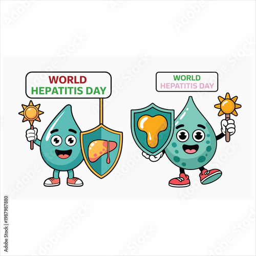 Two cartoon liver characters celebrating hepatitis day with awareness ribbons