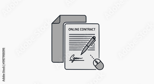 Online contract digital signature vector icon, electronic document with pen and computer mouse, legal agreement and remote business paperwork