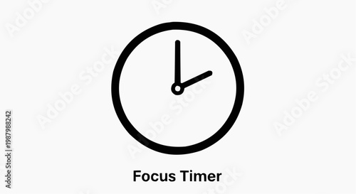 Minimalist focus timer clock icon, black line art analog watch face, productivity and time management symbol for web and app interface design