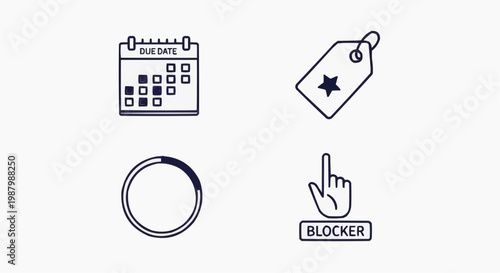 Minimalist business productivity icon set, line art calendar with due date, price tag with star, loading progress circle, and blocker hand icon