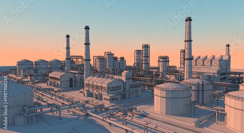 Modern Industrial Oil Refinery Complex at Sunset.