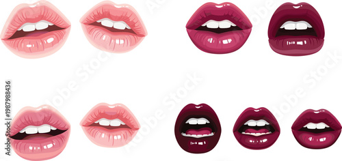 Glossy Female Lips Collection with Pink, Berry, Plum, and Dark Red Shades in Open and Closed Poses for Beauty and Makeup Designs