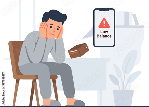 A worried man sits on a chair holding a wallet with a low balance alert on his phone.