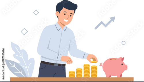 Man putting coin into piggy bank next to stacked gold coins on table