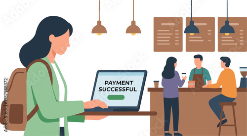 Woman with backpack receives payment confirmation on her laptop at a cafe with people.