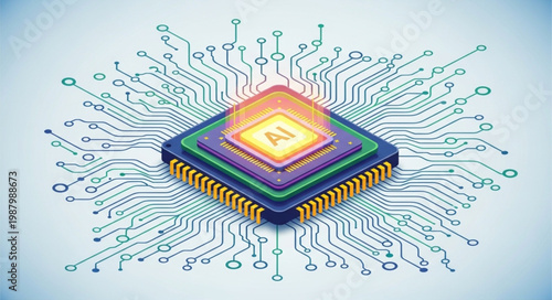 Tableau sur toile Artificial Intelligence Chip with Circuit Board Connections.