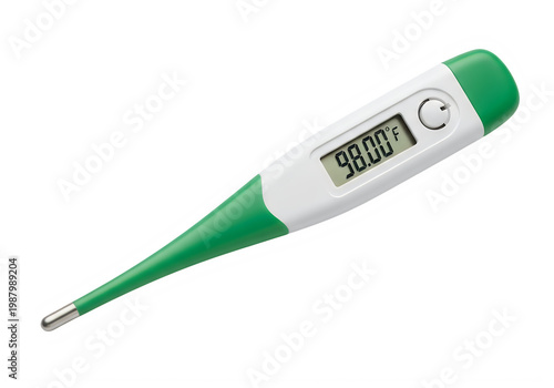 Digital thermometer with green and white body showing 9800 degrees fahrenheit isolated on transparent background