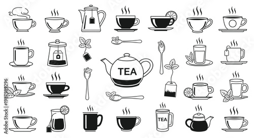 Set of black and white icons featuring various tea cups, teapots, tea bags, and accessories for cafes and menus.