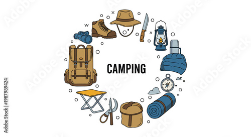 Circular frame of camping and survival equipment such as a backpack, boots, compass, and tent with text.