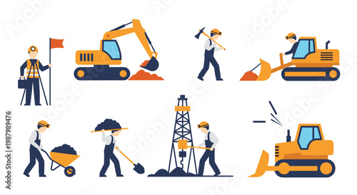 Set of flat icons depicting workers and heavy machinery involved in mining, digging, and drilling operations.