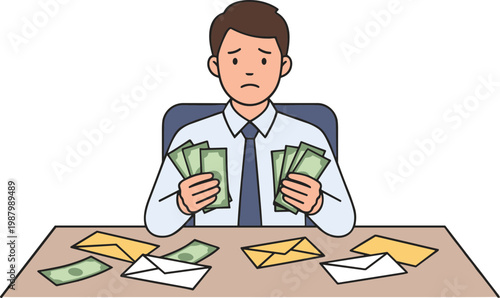 Man sitting at desk holding cash and looking worried