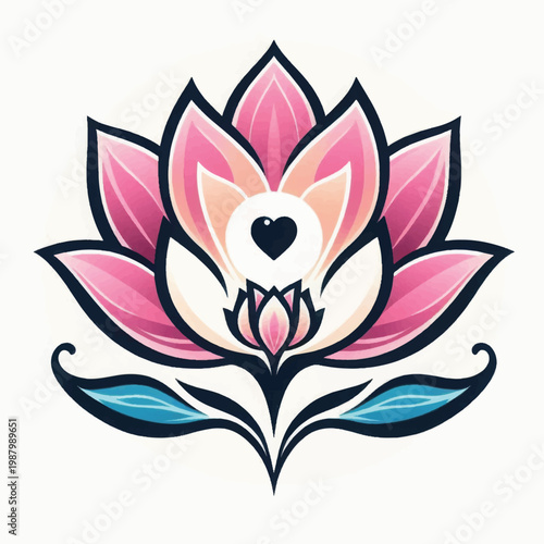 Stylized Pink Lotus Flower Illustration with Central Heart Symbol. Vector Design for Beauty, Wellness, and Spirituality Logo.