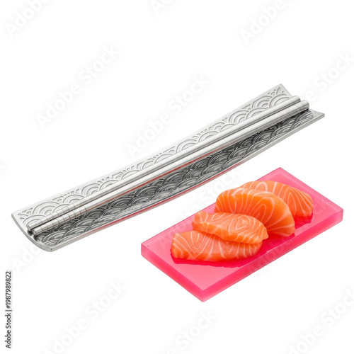 Wallpaper Mural Salmon sashimi slices with decorative metal chopsticks rest Torontodigital.ca