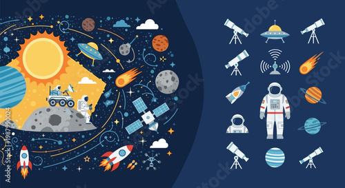 Vibrant space exploration illustration featuring planets, an astronaut, rockets, and various astronomical icons and tools.