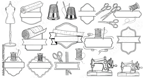 Vintage style sewing and tailoring emblems set with icons of a mannequin, sewing machine, scissors, thimbles, and thread spools.
