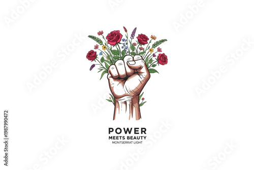 Empowered resistance a watercolor illustration of a raised fist with vibrant floral arrangement