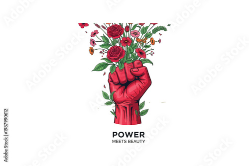 A red fist clenching a bouquet of roses a symbol of revolutionary passion and power