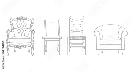 A linear depiction of four distinct chairs ornate ladderback woven and upholstered