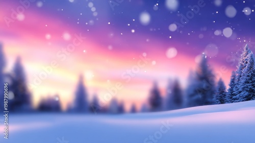 Snowy landscape with a magical sunset, trees blurred in the distance, and soft falling snowflakes