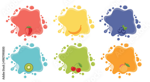 Set of six colorful liquid splashes featuring fruit icons like strawberry, banana, blueberry, kiwi, cherry, and peach for labels.