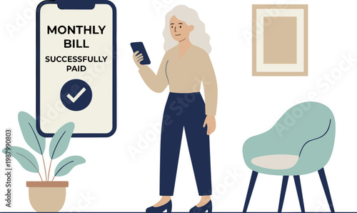 Woman successfully pays monthly bill with smartphone in living room