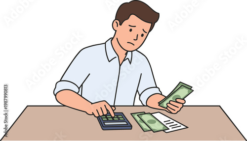 Man sitting at desk calculating money with calculator and bills