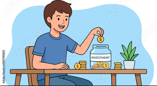 A man sitting at a table putting coins into an investment jar with a plant nearby.