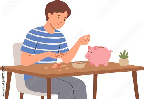 Man sitting at a table putting coins into a pink piggy bank