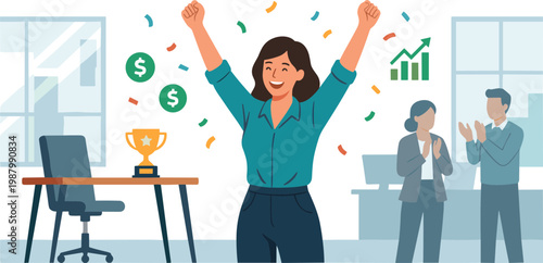 Woman celebrates business success with coworkers in modern office environment