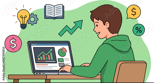 Man sitting at desk analyzing financial graphs on laptop with increasing arrow and various symbols around him