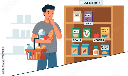 Man shopping groceries store with basket food items on shelf