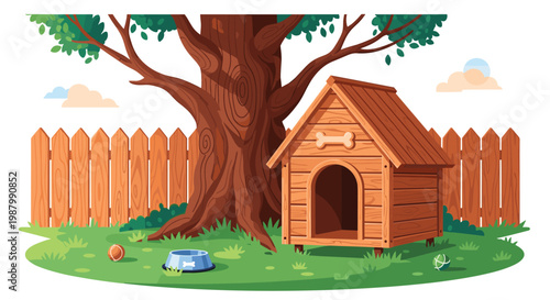 Peaceful backyard scene featuring a wooden dog house under a large shady tree with a fence, food bowl, and toys on green grass.