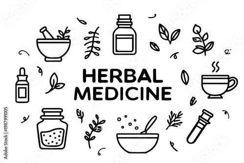 Hand drawn herbal medicine sketch collection with apothecary tools and plant ingredients ideal for wellness packaging and natural health content