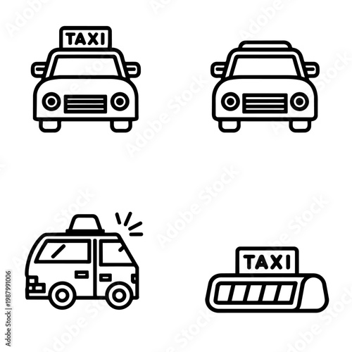 Hand drawn taxi car collection with front view and roof sign variants ideal for transportation app design and travel content