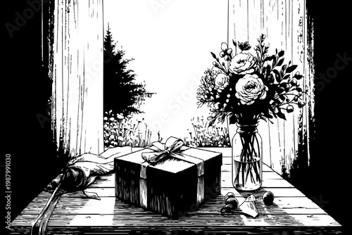 Detailed ink drawing of present and roses in vase by open window ideal for greeting card birthday and romantic gift content