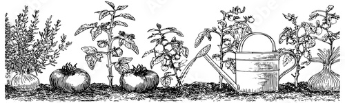 Hand drawn kitchen garden panoramic scene with vegetables ideal for organic seed packaging gardening blog and sustainable farming content
