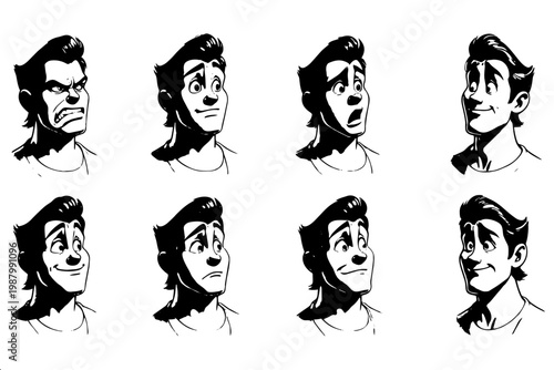 Animated man showing anger surprise sadness and other moods ideal for character design animation storyboard and emotional intelligence content