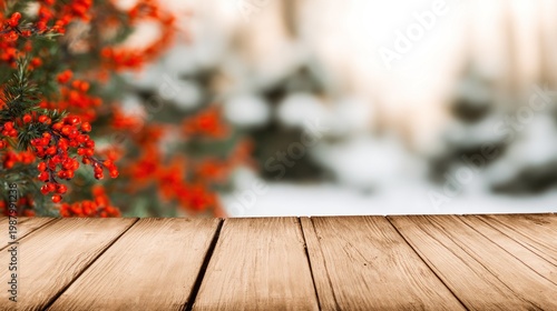 Wooden tabletop with blurred snowy background and vibrant red berries creating festive ambiance